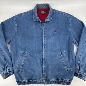 Vintage Polo Ralph Lauren Denim Bomber Jacket Men Medium Blue Fleece Lined 90s
